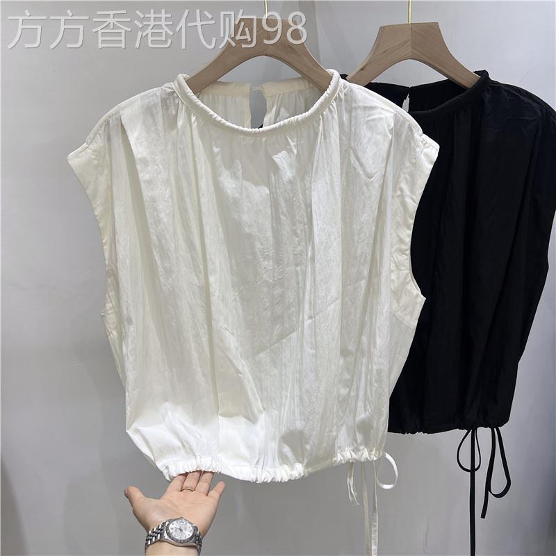 设计感褶皱无袖衬衫女夏季新款韩版圆领宽松抽绳休闲短款洋气上衣