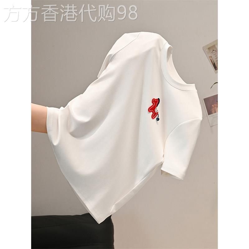白色小马刺绣短袖T恤女装夏季2026新款韩版宽松正肩圆领体恤上衣