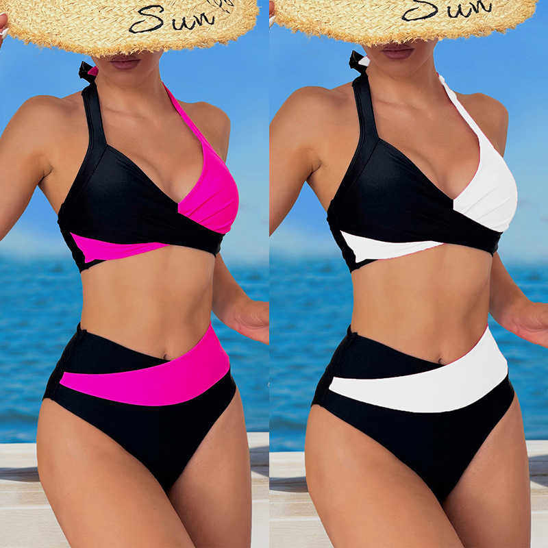 2025年新款挂脖拼色高腰比基尼Multicolored high-waisted bikini