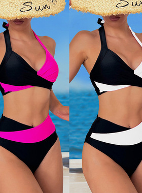 2025年新款挂脖拼色高腰比基尼Multicolored high-waisted bikini