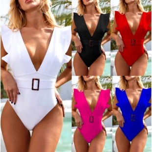 swimming piece suit One 5色连体荷叶边泳衣纯色比基尼bikini