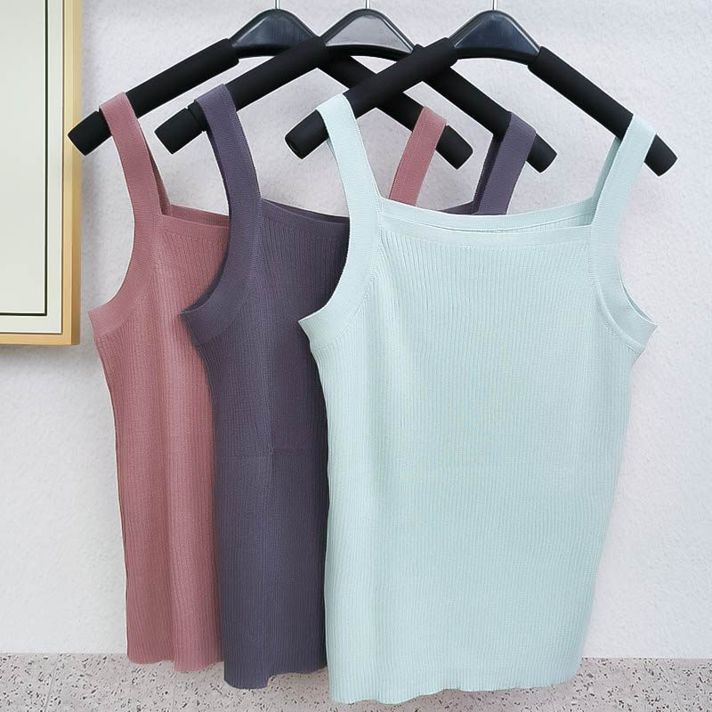 春秋季女士丝棉修身螺纹背心吊带 桑蚕丝高弹针织无袖宽肩上衣