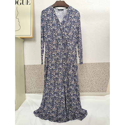 夏女加捻真丝印花修身V领连衣裙