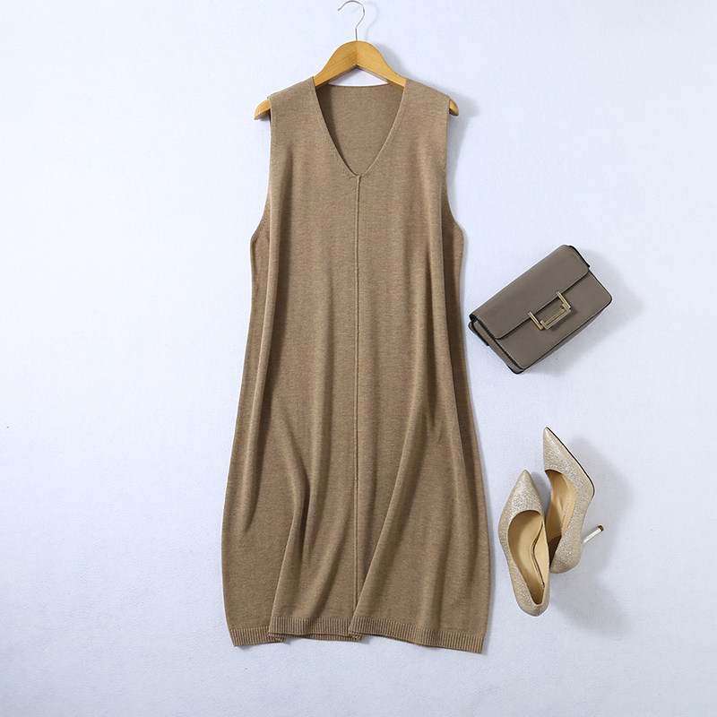 春秋冬女丝羊绒针织过膝背心裙丝绵混纺V领大码中长款毛衣连衣裙