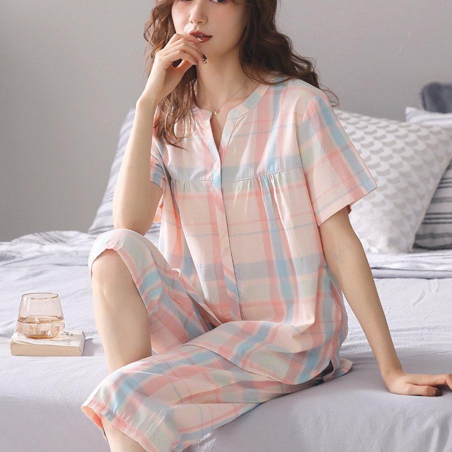 梭织睡衣女士夏季薄款短袖七分裤纱布全棉夏天家居服套装开衫