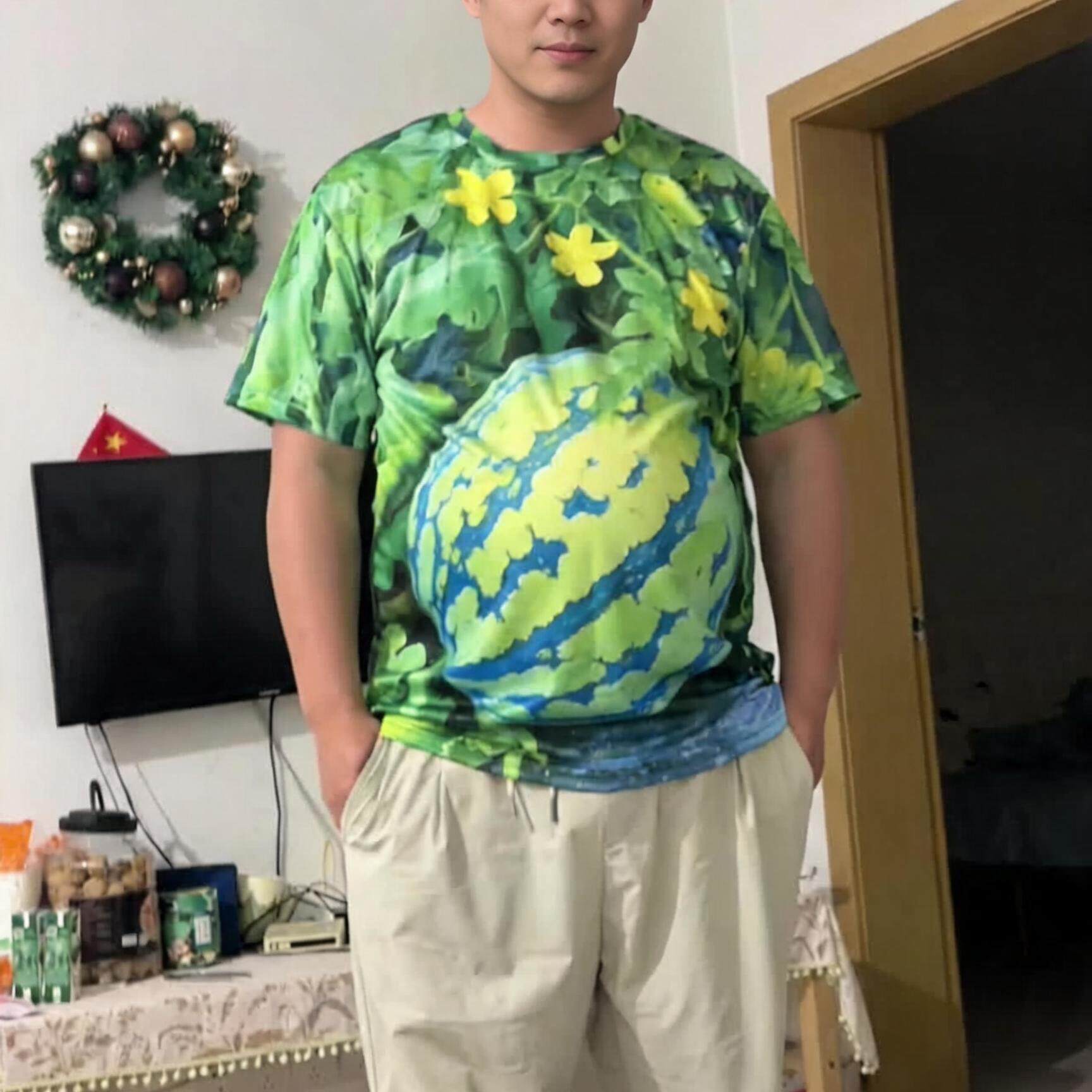 西瓜短袖t恤男士夏季搞笑趣味网红3D印花西瓜T恤清凉宽松上衣休闲