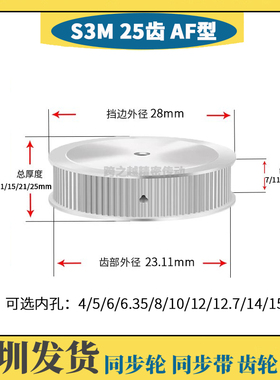 HTPS不锈钢S3M25齿槽宽7/11/17/21 SUS304 AF型同步带轮内孔4-15