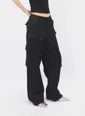 98ossi pants 黑色滑料多口袋低腰休闲宽松工装裤长裤