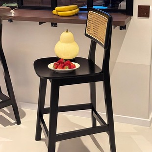 北欧复古藤编实木吧台椅岛台椅子高脚凳家用咖啡餐厅靠背中古休闲