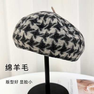 贝雷帽女绵羊毛蓓蕾秋冬韩版日系画家帽千鸟格英伦复古大头围帽子