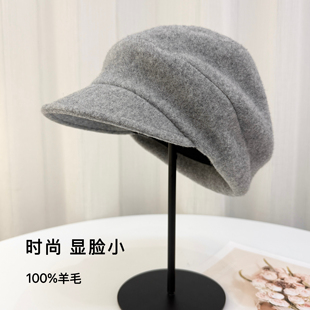 日系休闲秋冬羊毛保暖报童帽女堆积感简约百搭鸭舌帽洋气灰色帽子