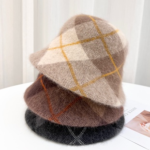 水桶帽子 百搭兔毛保暖礼帽韩版 羊毛帽女秋冬季 复古格纹渔夫帽时尚