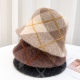 百搭兔毛保暖礼帽韩版 羊毛帽女秋冬季 复古格纹渔夫帽时尚 水桶帽子