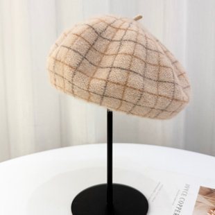 小香风亮丝格纹羊毛混兔毛贝雷帽子女秋冬季 百搭画家帽蓓蕾帽 时尚