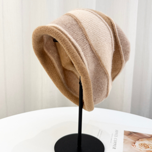 高品质绵羊毛帽子女加大头围包头帽卷边堆堆帽冬季 保暖针织毛线帽