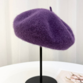 高级紫色贝雷帽子女秋冬新款 柔软绵羊毛混兔毛画家帽显脸小蓓蕾帽