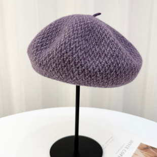 高级感纯羊毛贝雷帽子女秋冬大头围显脸小紫色画家帽保暖蓓蕾帽女