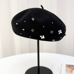 保暖蓓蕾帽子 手缝亮珠画家帽气质款 韩版 纯羊毛贝雷帽子女秋冬时尚
