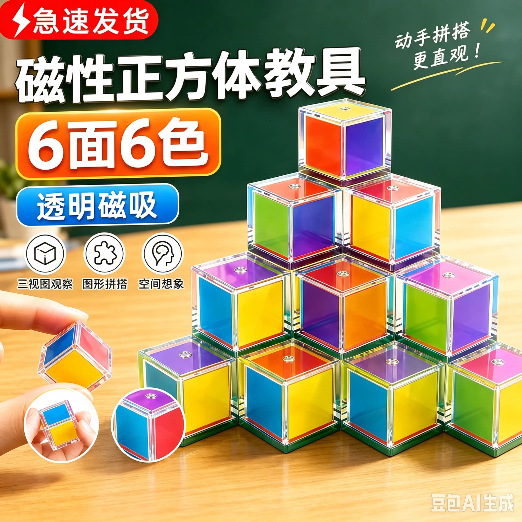 磁性正方体教具磁力小方块磁吸长方体一年级数学学具积木二三四五
