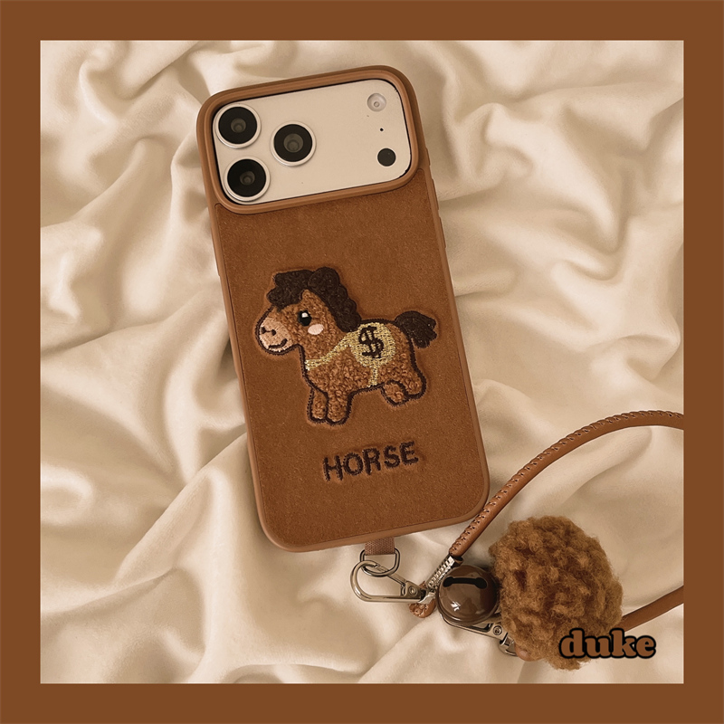 适用苹果手机壳棕色卡通刺绣小马