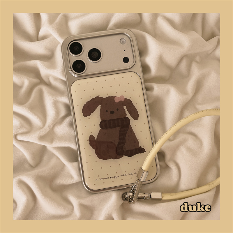 独壳ins波点涂鸦棕色小狗挂绳适用苹果17promax手机壳银色边框iPhone16新款15防摔14pro女款13日韩手机套硬壳
