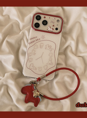 独壳 红色线条时钟小马带挂绳适用苹果17promax手机壳创意卡通iPhone16新款15防摔14pro女款13双层手机套硬壳