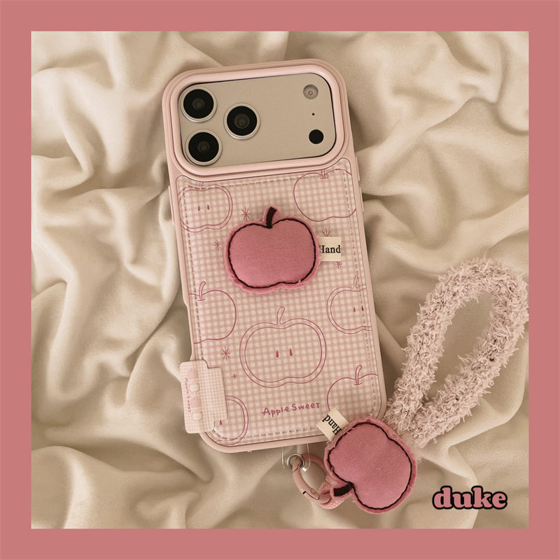 适用苹果手机壳粉格纹立体苹果