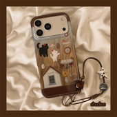 独壳 13双层壳手机套硬壳 15防摔14pro女款 秋冬棕色桌子猫咪挂绳适用苹果17promax手机壳卡通个性 iPhone16新款