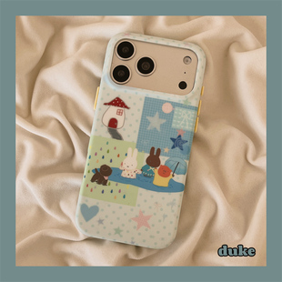 独壳 ins风韩系蓝色格子波点兔子适用苹果17promax手机壳小众创意iPhone16新款15pro防摔女款全包手机套硬壳