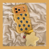 15防摔14pro女款 独壳 冬天黄色毛绒星星挂绳适用苹果17promax手机壳自带支架iPhone16新款 13毛茸茸手机套软壳