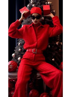 时髦炸街独特红色格子polo领上衣圣诞跨年氛围感C位战衣套装裤女