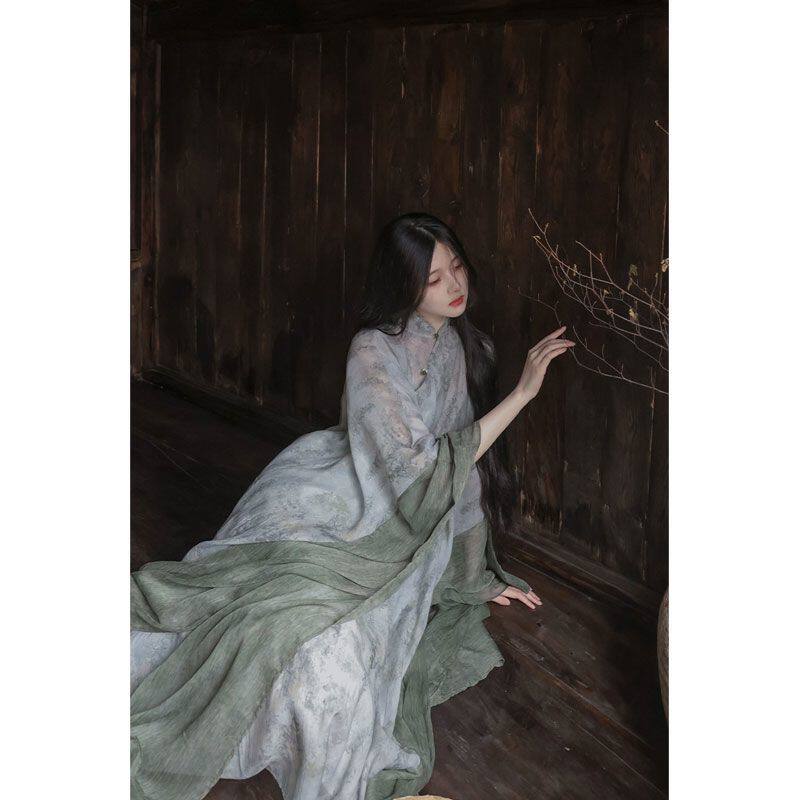 【令壹丝竹 自制清冷中式拼袖宽松飘逸冷绿文艺长袍中长款连衣裙