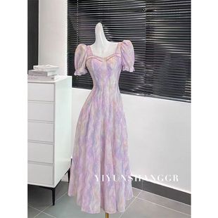 紫色复古油画印花连衣裙女夏季长裙法式设计感御姐风高端礼服裙子