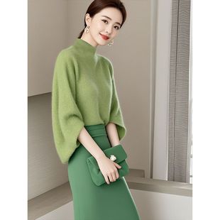 春夏搭配一整套气质名媛高端富家千金小香风绿色针织衫半身裙套装