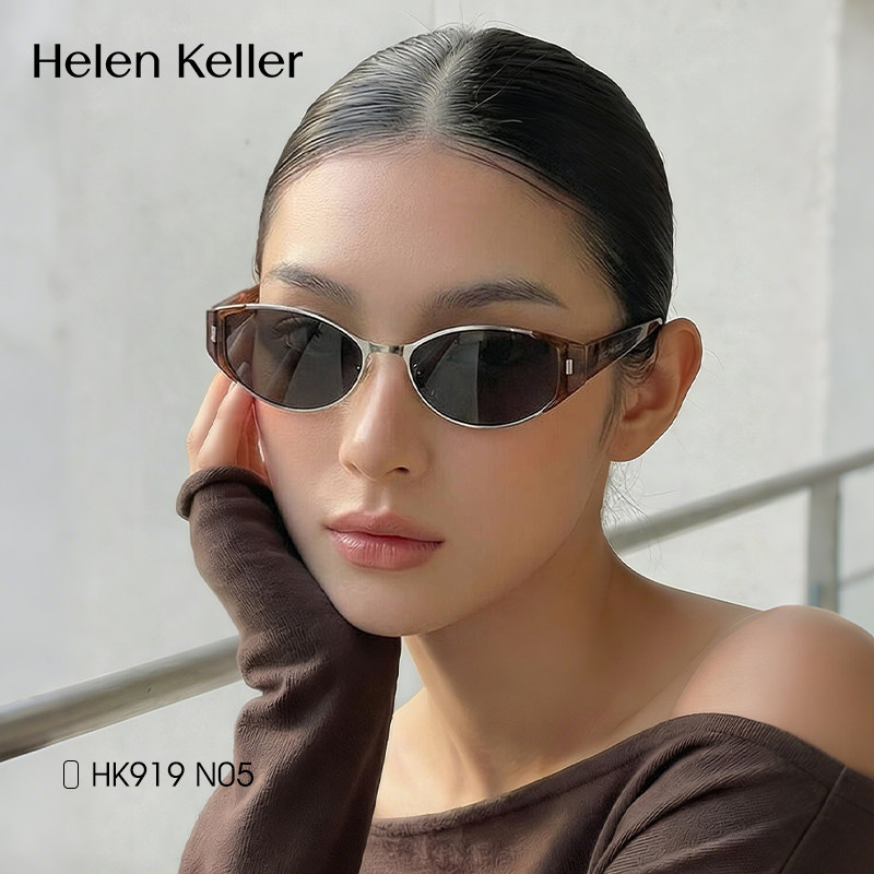 海伦凯勒太阳眼镜女款配近视带度数老钱风玳瑁窄框猫眼墨镜HK919