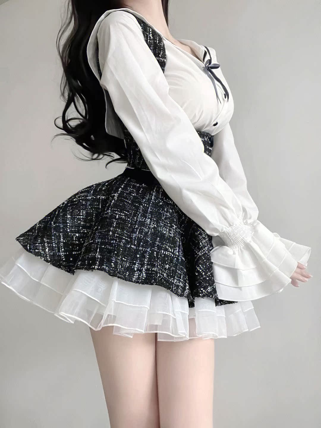 套装女2022秋冬新款甜辣风海军领衬衫腰封高腰蓬蓬半身裙三件套潮