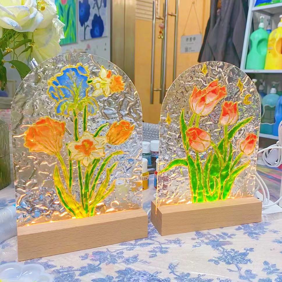 水波纹亚克力板玻璃画小夜灯郁金香diy涂鸦手绘儿童手工母亲节礼