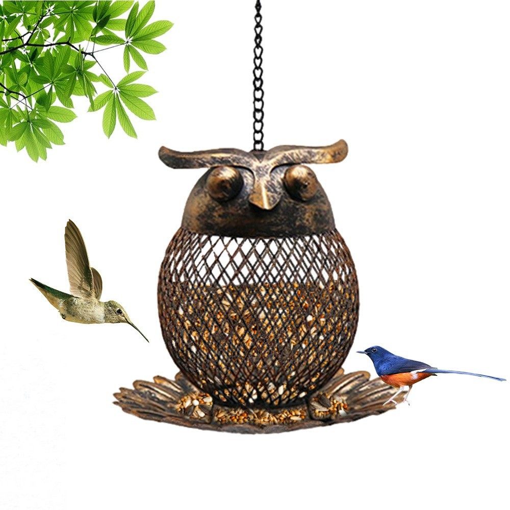 Owl bird feeder outdoor courtyard metal hanging hummingbird