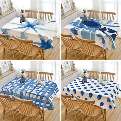 Blue tie dye watercolor abstract washable tablecloth, cotto