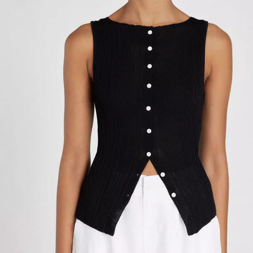 2024 Knitted Single breasted Sleeveless Top T-shirt Fresh a