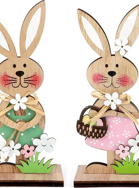 Easter wooden bunny standing tabletop home decor hand-paint