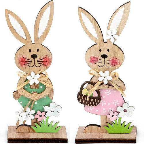 Easter wooden bunny standing tabletop home decor hand-paint