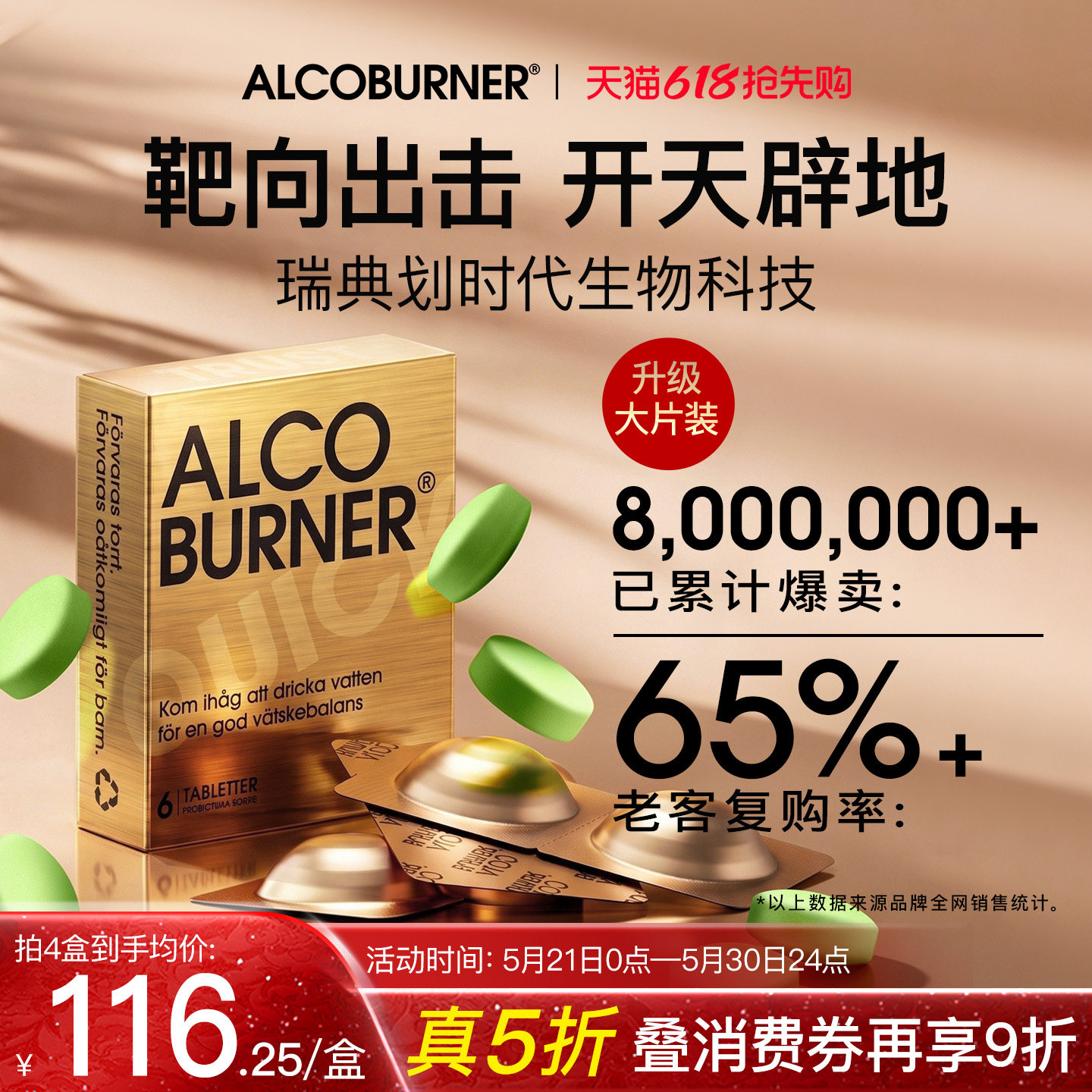 瑞典Alcoburner爱科博纳燃酒灵益生菌糖果小绿片快速分解神器升级