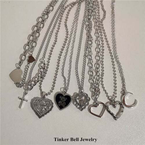 Kpop Goth Silver Color Heart Cross Pendant Chain Necklace Fo