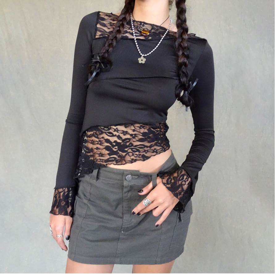 Lace irregular shirt 欧美性感蕾丝单层拼接不规则勾花长袖衬衫