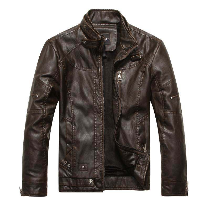 立领加绒皮衣外套 Standing collar plush men's leather jac