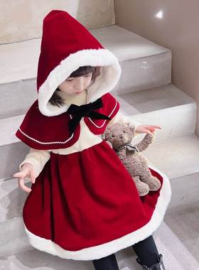 Girls' winter plush little red hat dress Christmas set