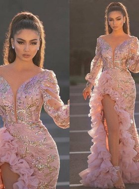 21 sexy pink long mesh evening gown with trailing tail晚礼服