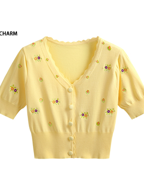 鹅黄色针织短袖女夏新款v领修身冰丝开衫T恤短款时尚甜美绣花上衣