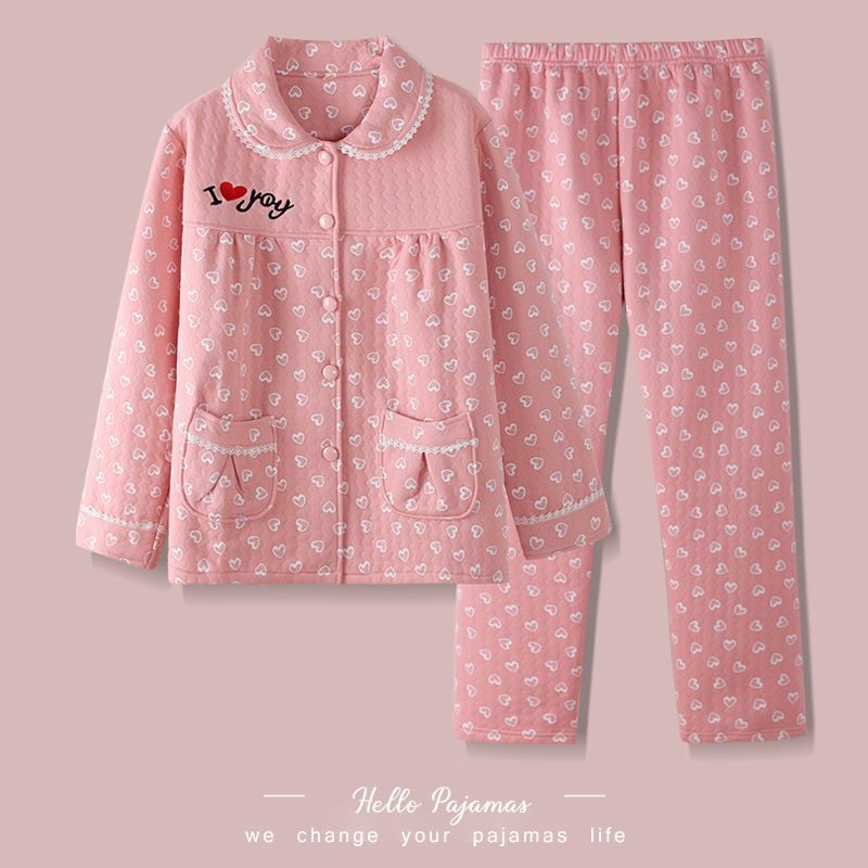 美梦空气棉夹层睡衣女秋冬季纯棉长袖加厚保暖三层夹棉家居服套